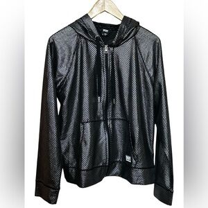 DKNY Sport Hooded Zip Front Jacket Black Silver Women’s Size Medium.